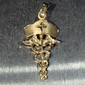 14K Gold Caduceus Medical Pendant 1" .9 Grams